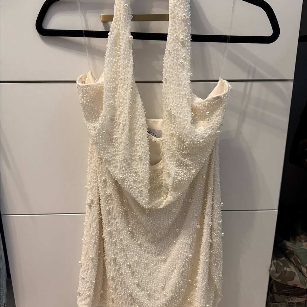 Oh Polly Cream Pearl-Beaded Mini Dress